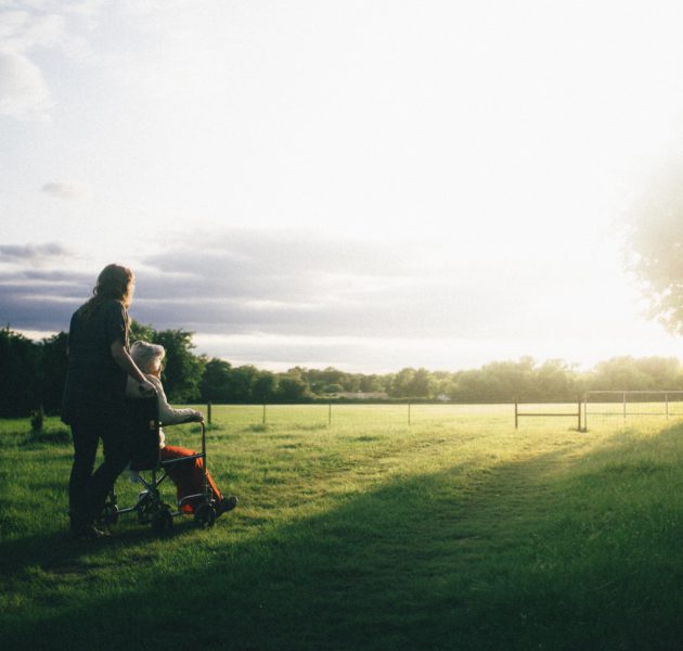 Client in wheelchair being pushed in countryside by carer