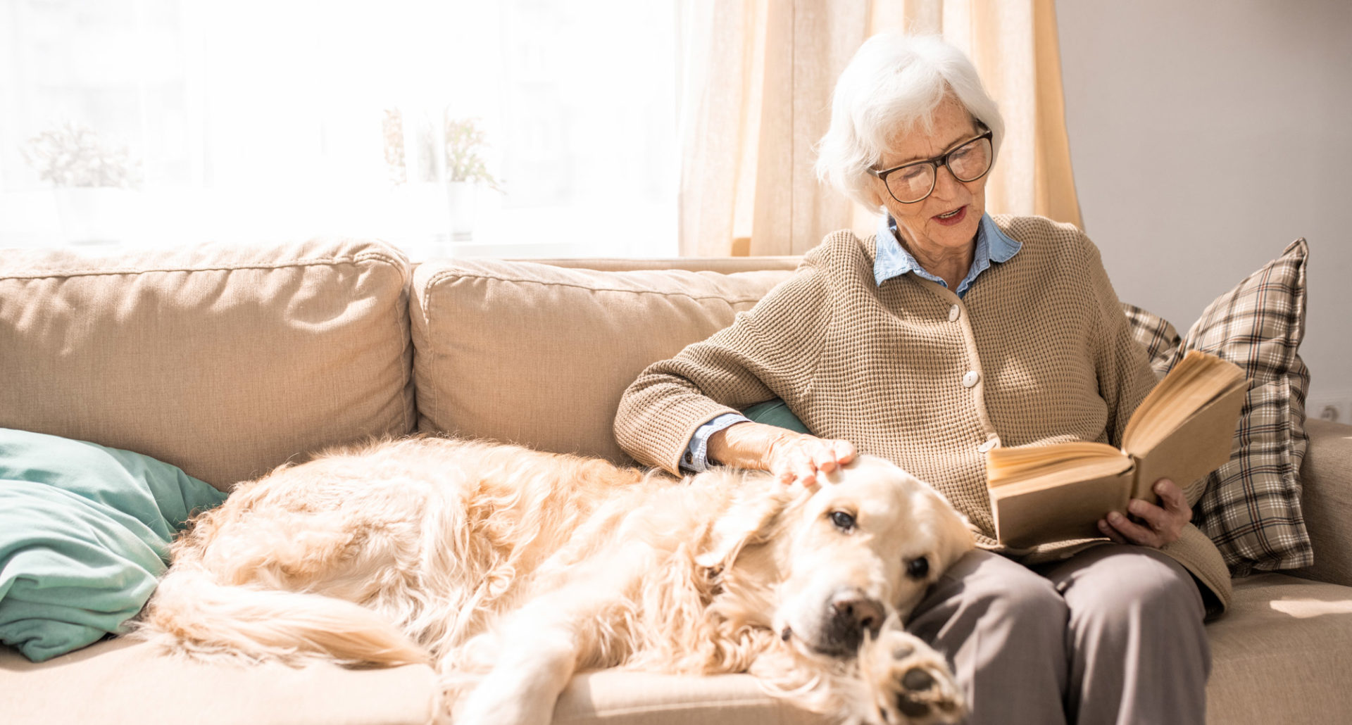 elderly-woman-reading-on-sofa-with-dog