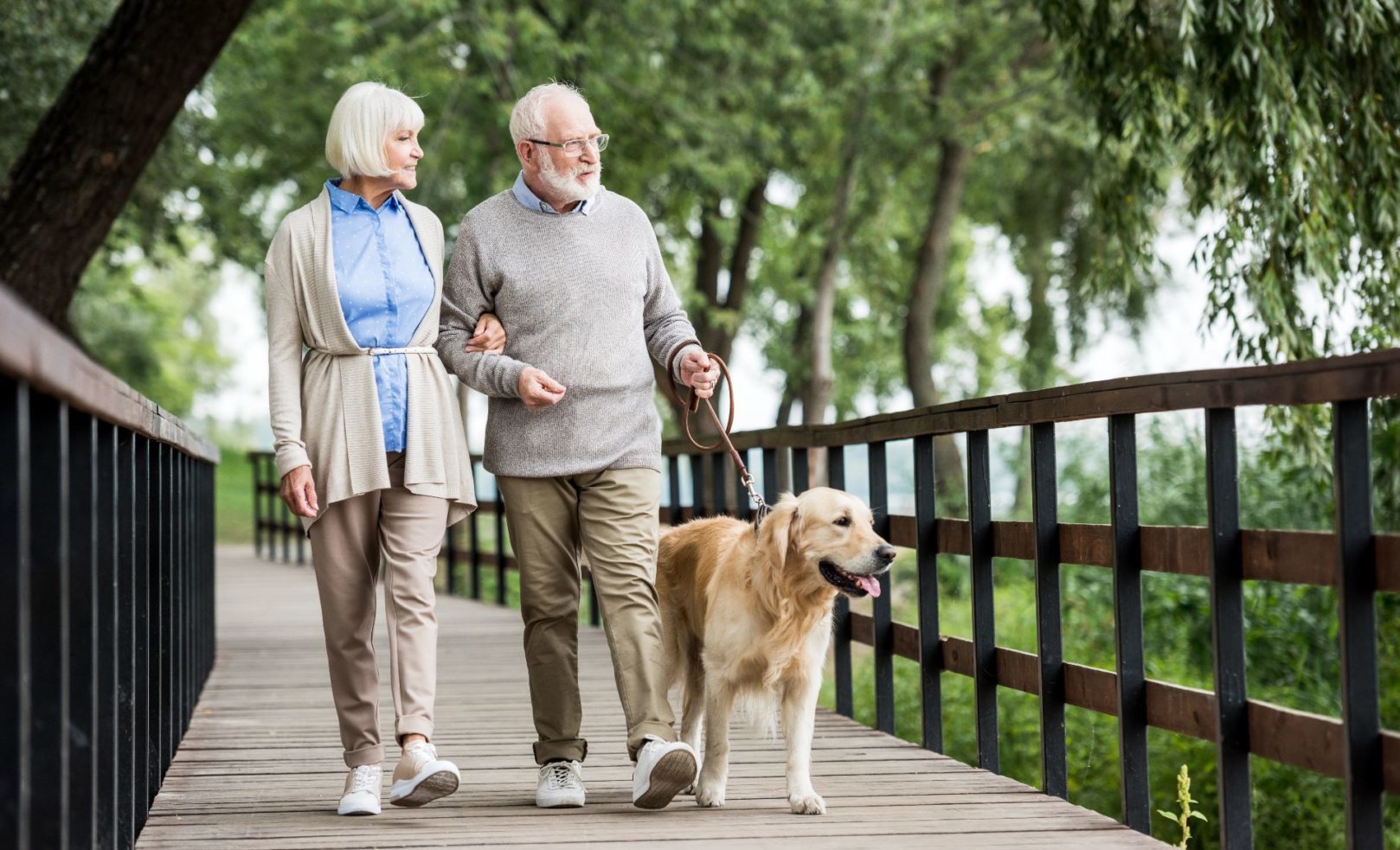 happy senior couple walking with dog